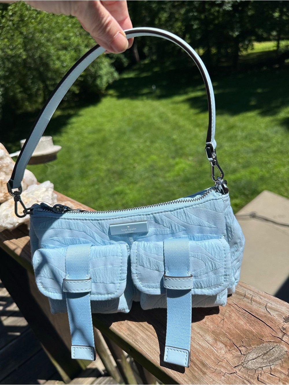 Kate Spade Carter Zebra Light Blue Jacquard Bag Front Pockets NWT $299